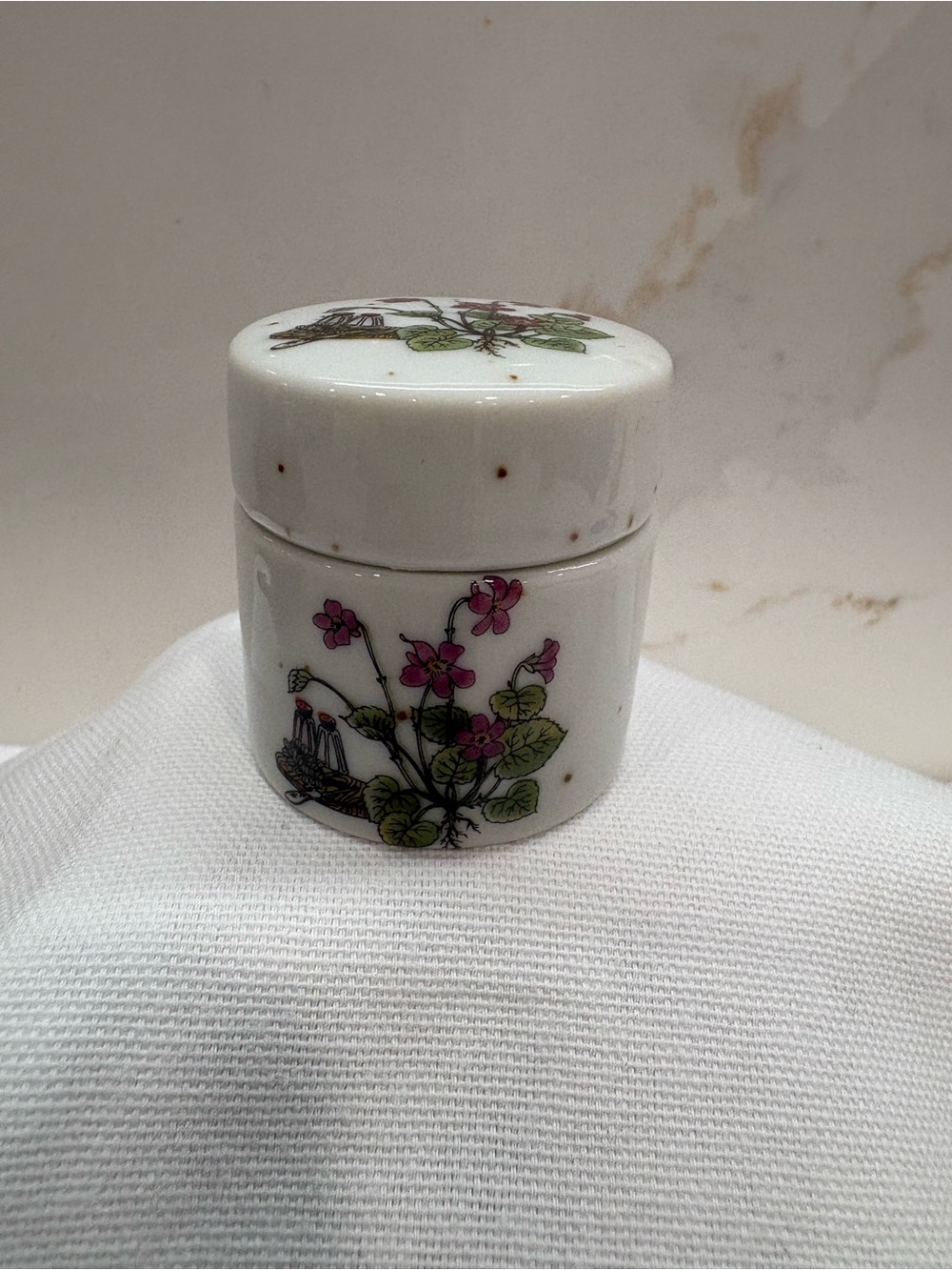 Vintage Porcelain Floral Trinket Jar - White with Pink and Green